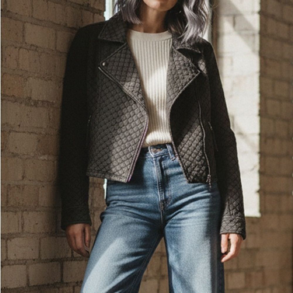 Gray Quilted Moto Jacket Marrakech Cotton Blend NWT Full Zip Biker Size M Medium